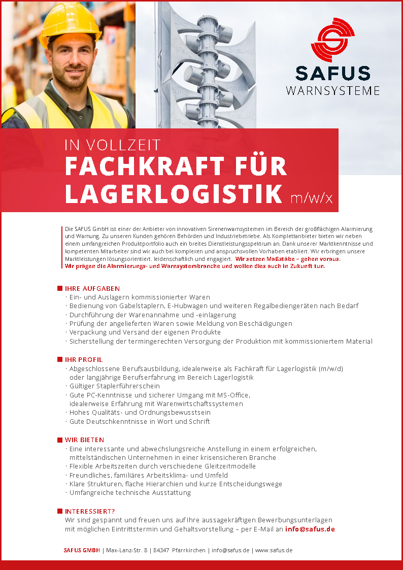 Safus Alarmierungssysteme Karriere Logistik